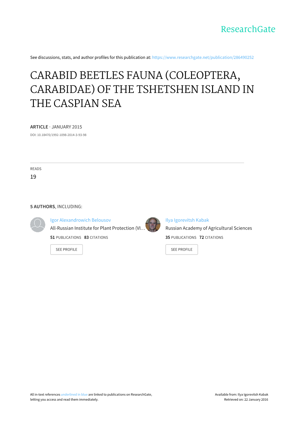 Coleoptera, Carabidae) of the Tshetshen Island in the Caspian Sea