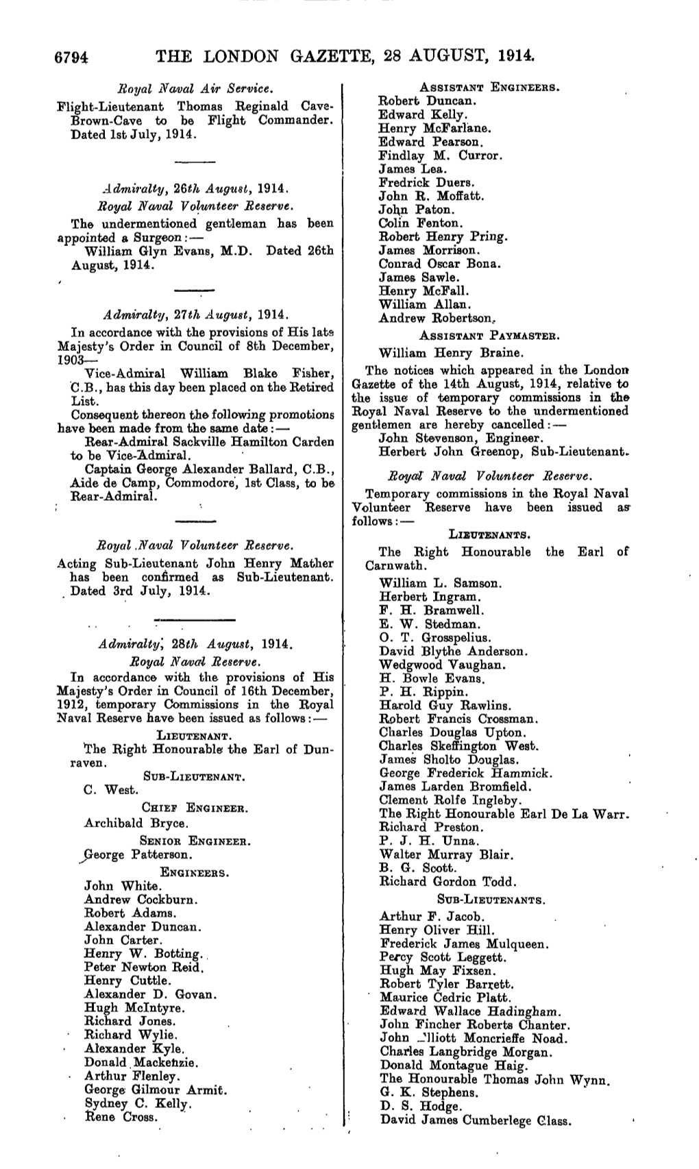 6794 the LONDON GAZETTE, 28 AUGUST, 1914. Royal Naval Air Service