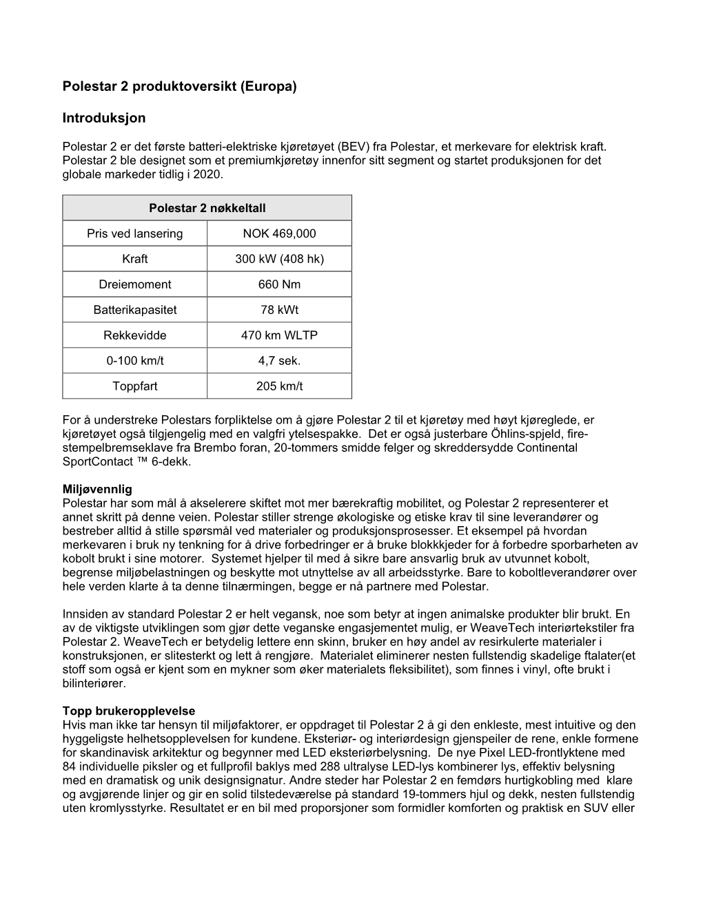 Polestar 2 Produktoversikt (Europa) Introduksjon