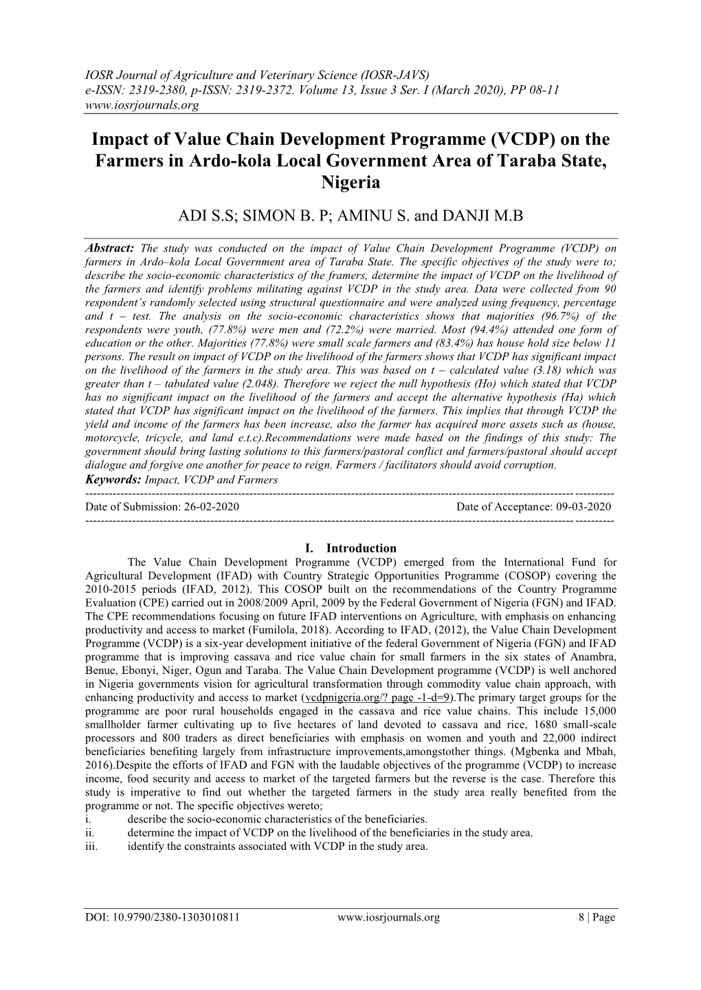Impact of Value Chain Development Programme (VCDP) on the Farmers in Ardo-Kola Local Government Area of Taraba State, Nigeria