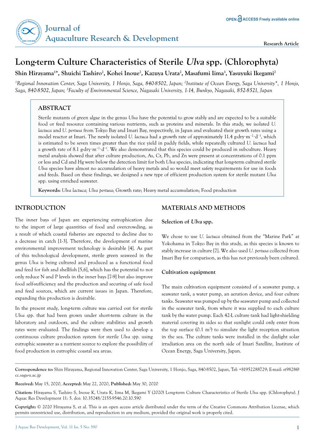 Long-Term Culture Characteristics of Sterile Ulva Spp. (Chlorophyta)