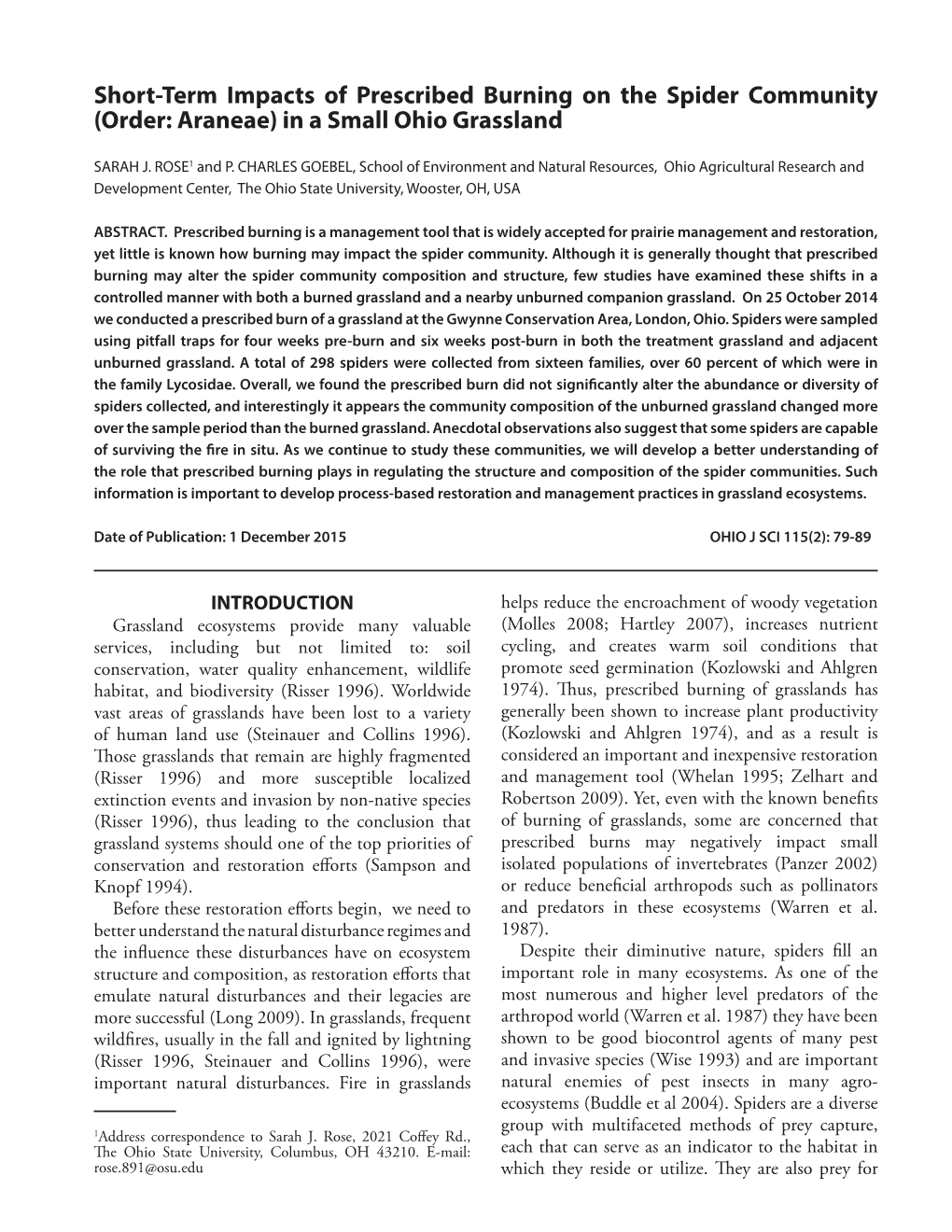 Short-Term Impacts of Prescribed Burning on the Spider Community (Order: Araneae) in a Small Ohio Grassland