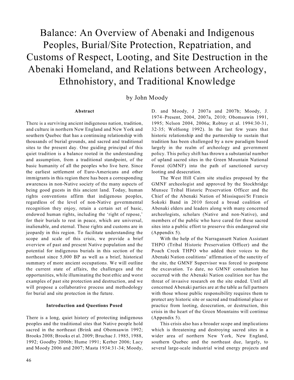 Balance: an Overview of Abenaki and Indigenous Peoples, Burial/Site Protection, Repatriation, and Customs of Respect