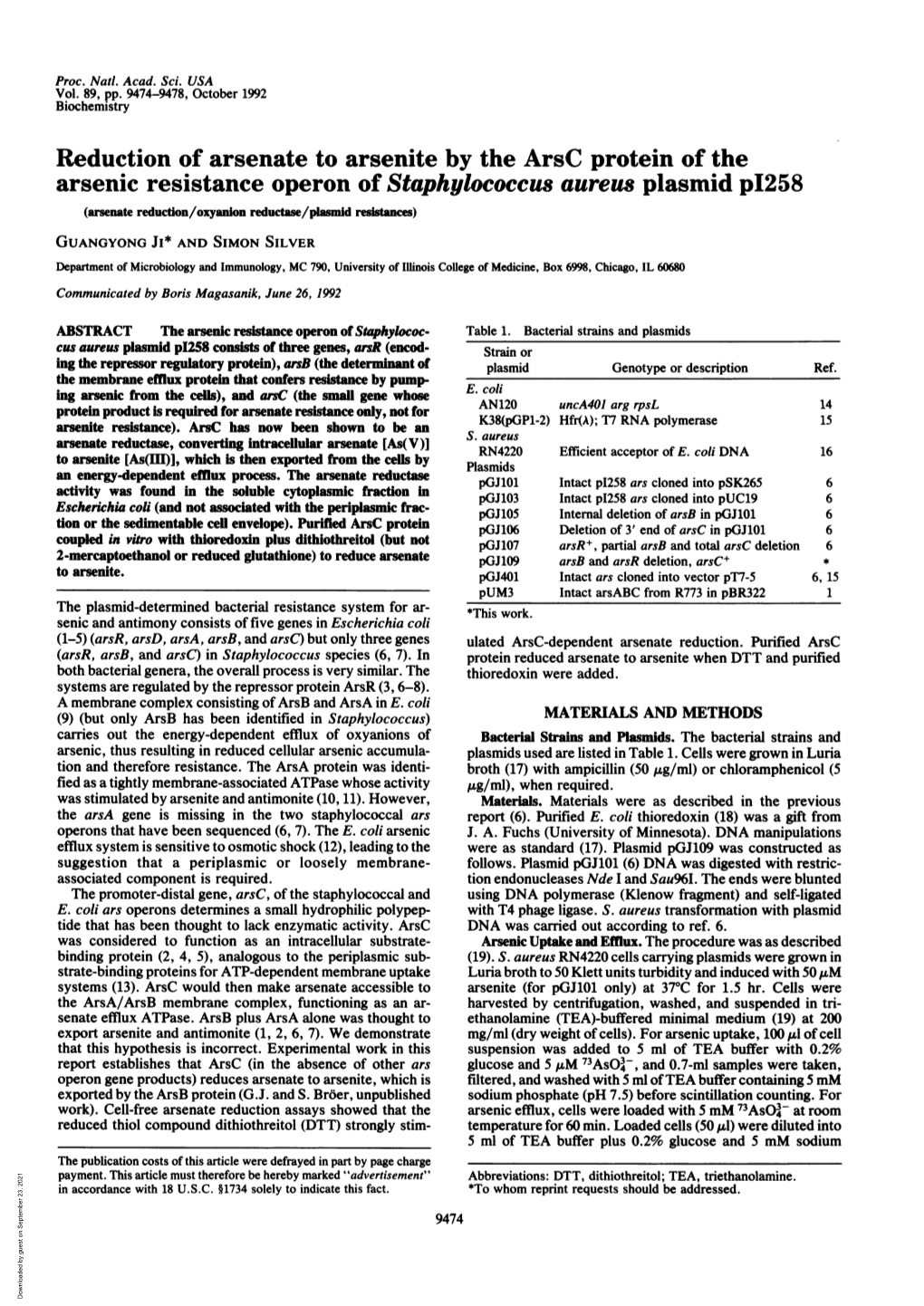Arsenic Resistance Operon of Staphylococcus Aureus Plasmid