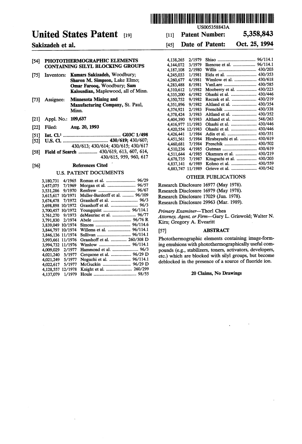 United States Patent (19) 11 Patent Number: 5,358,843 Sakizadeh Et Al