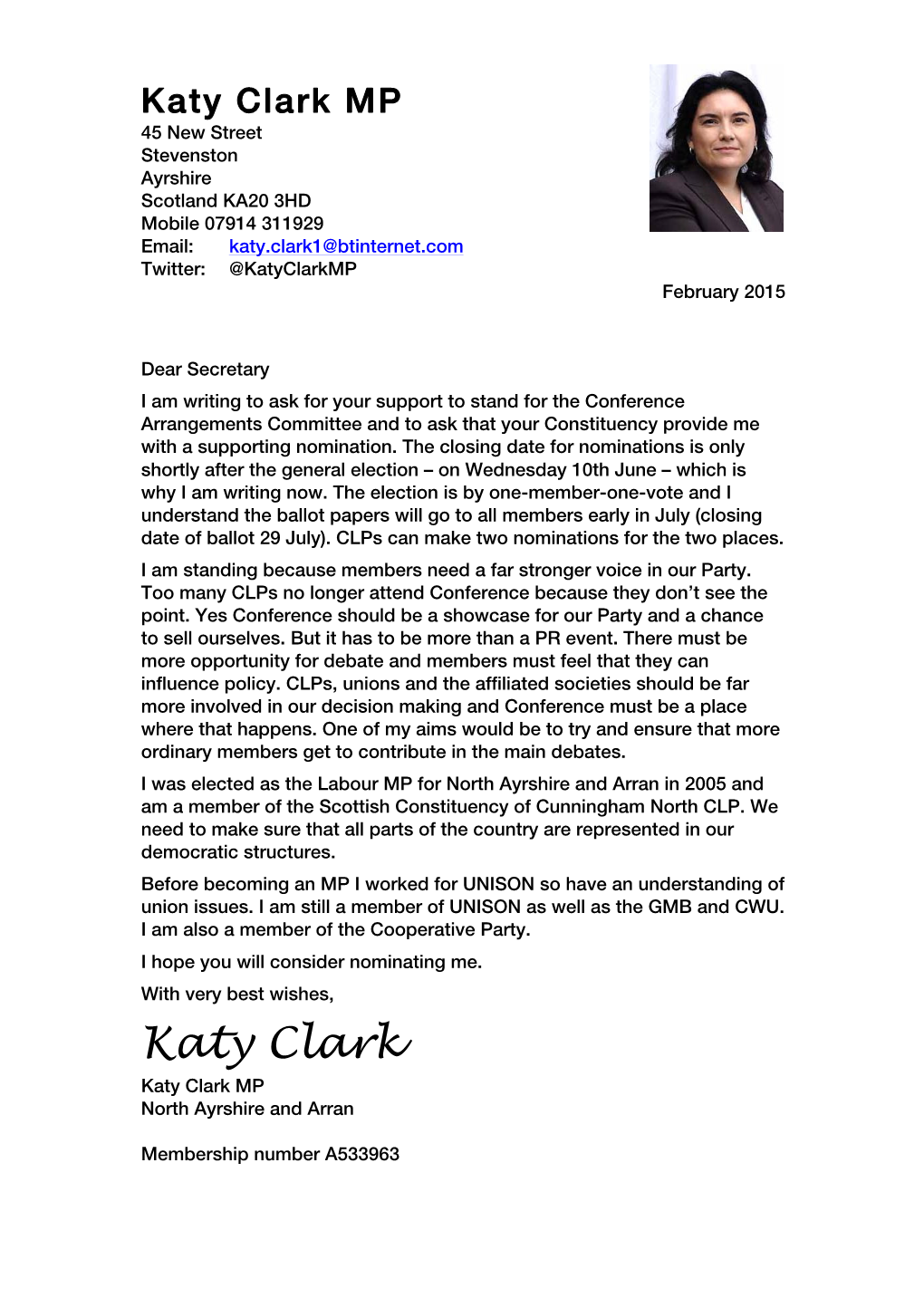 Katy Clark MP 45 New Street Stevenston Ayrshire Scotland KA20 3HD Mobile 07914 311929 Email: Katy.Clark1@Btinternet.Com Twitter: @Katyclarkmp February 2015