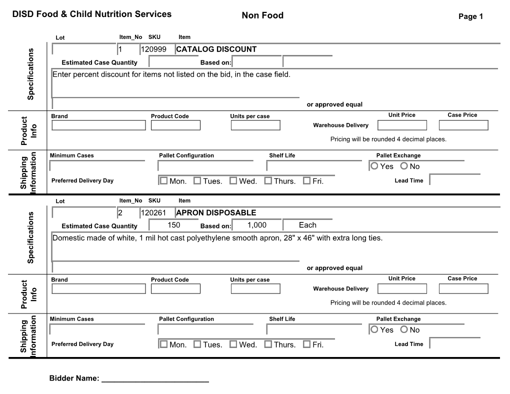 Non Food DISD Food & Child Nutrition Services