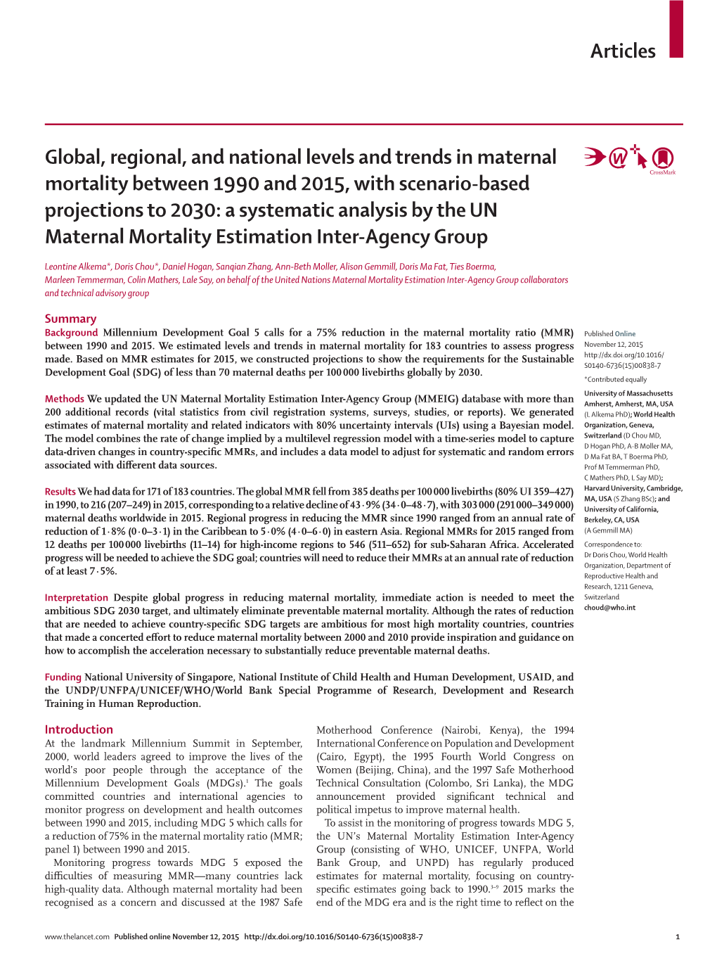 Articles Global, Regional, and National Levels and Trends in Maternal Mortality Between 1990 and 2015, with Scenario-Based Proje