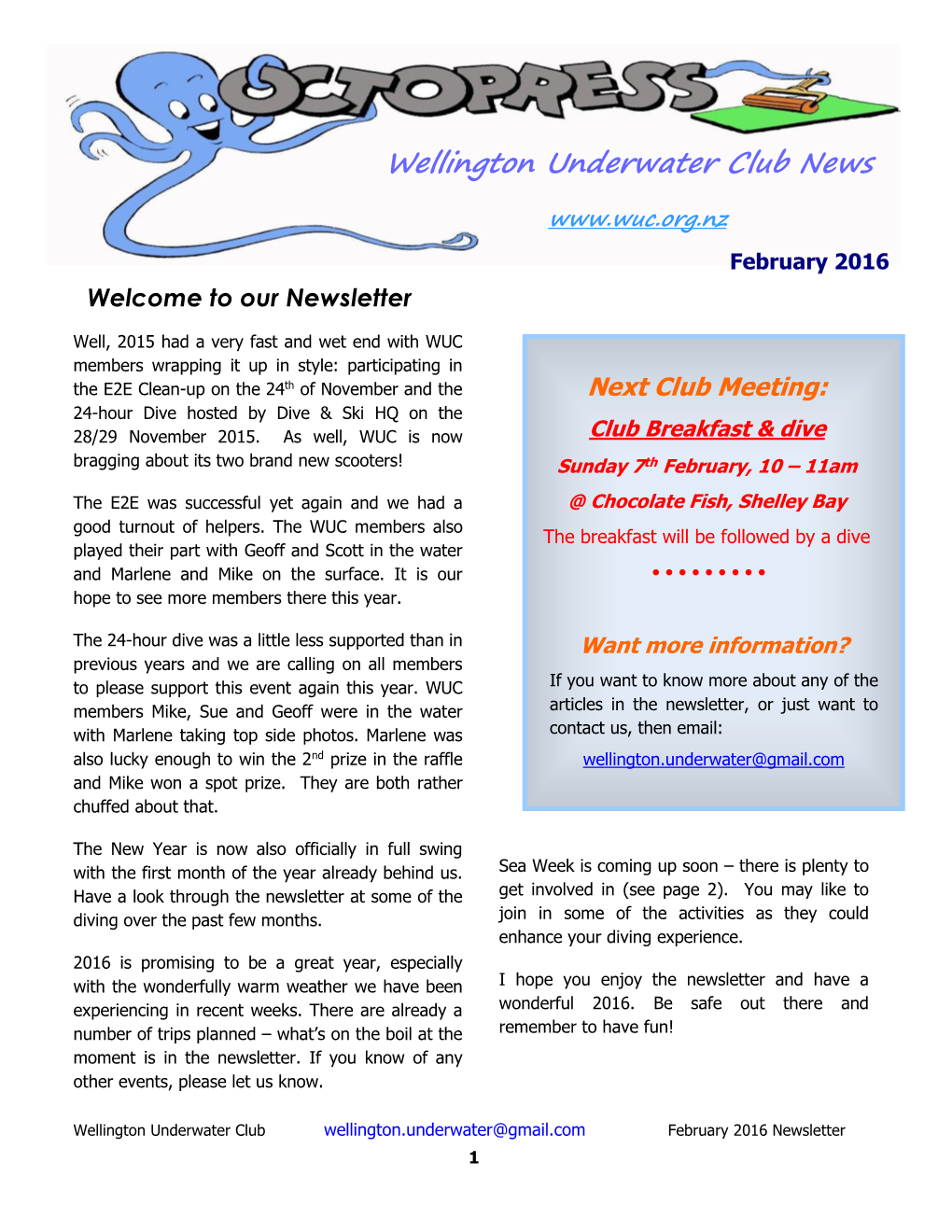 Wellington Underwater Club News