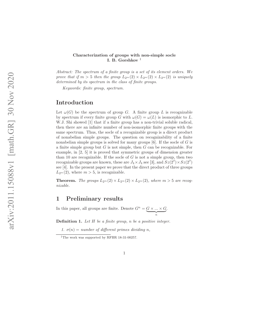 Arxiv:2011.15088V1 [Math.GR] 30 Nov 2020 Xml,I 2 ]I Spoe Htsmercgop Fdmningrea Dimension of of Socle Groups the Symmetric If That Recognizable