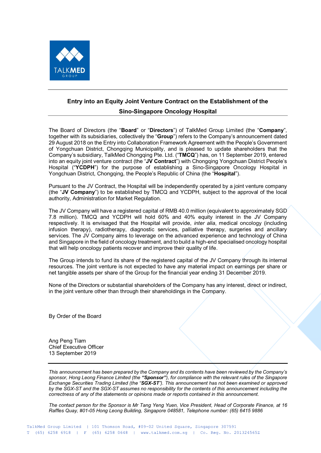 Entry Into an Equity Joint Venture Contract on the Establishment of the Sino-Singapore Oncology Hospital