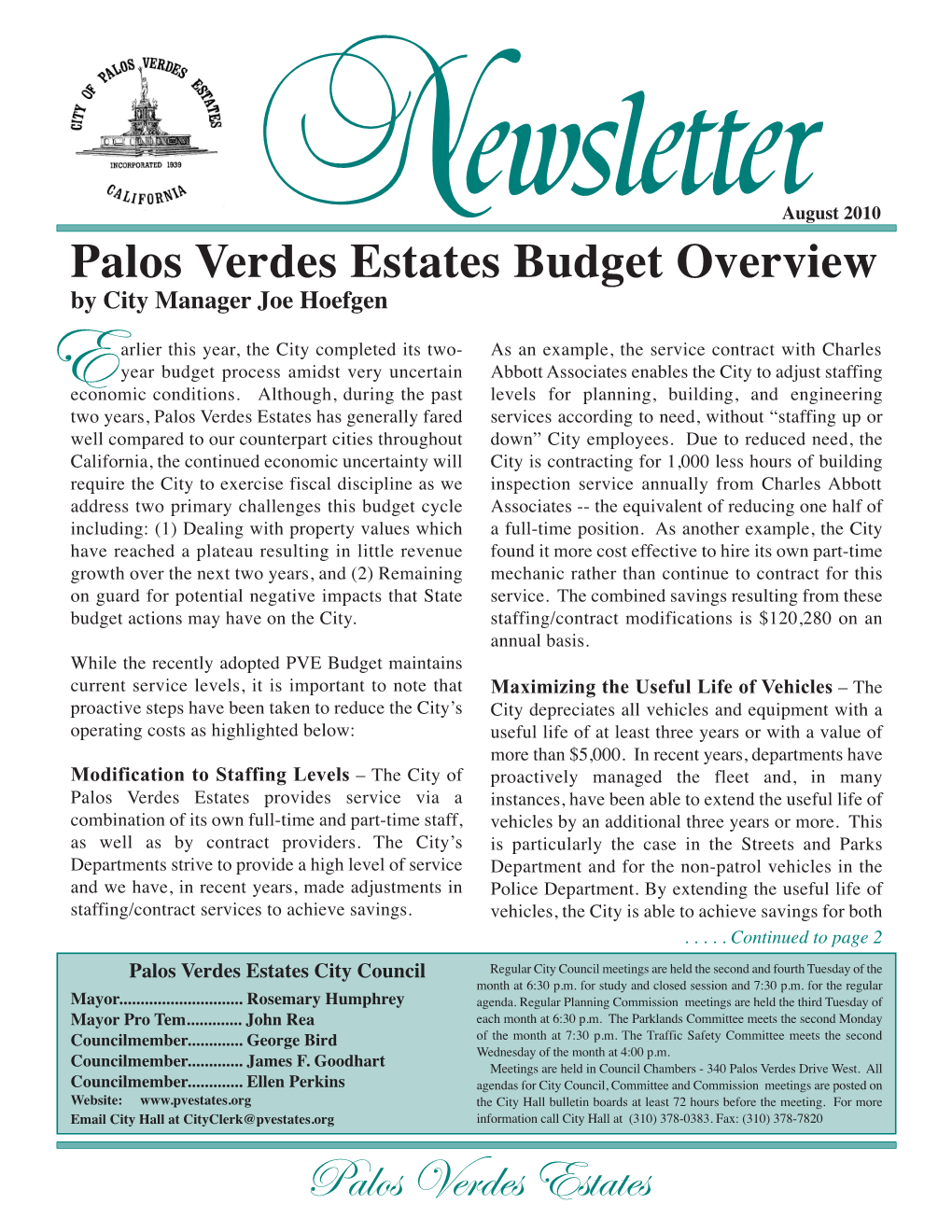 Palos Verdes Estates Budget Overview - City Manager Joe Hoefgen