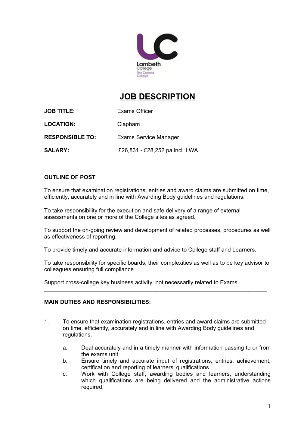 Centre Office Staff : Job Description and Person Specification