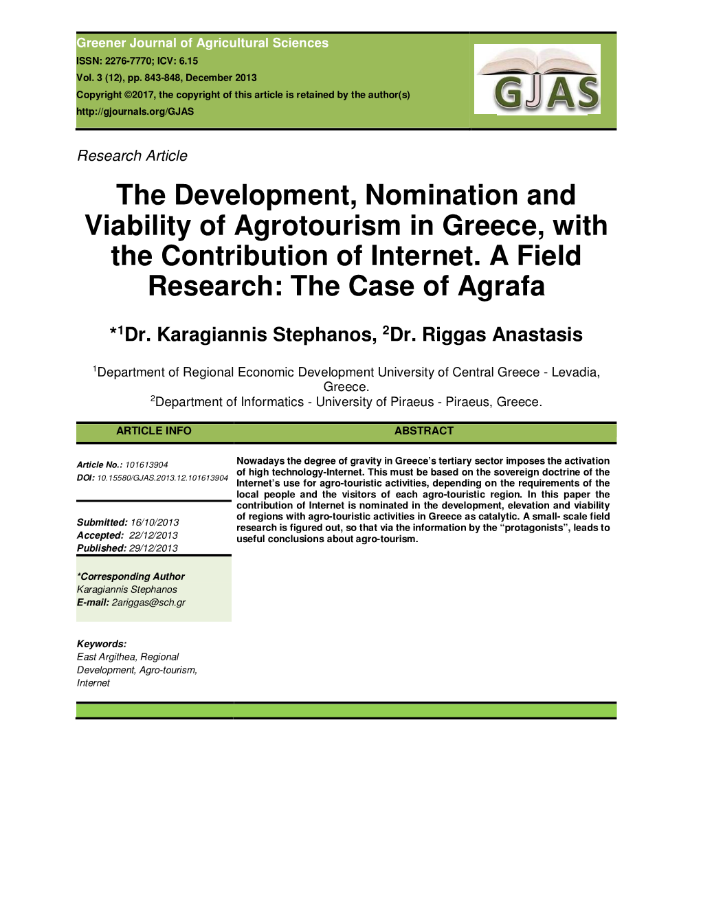 The Development, Nomination and Viability of Agrotourism in Greece, with the Contribution of Internet