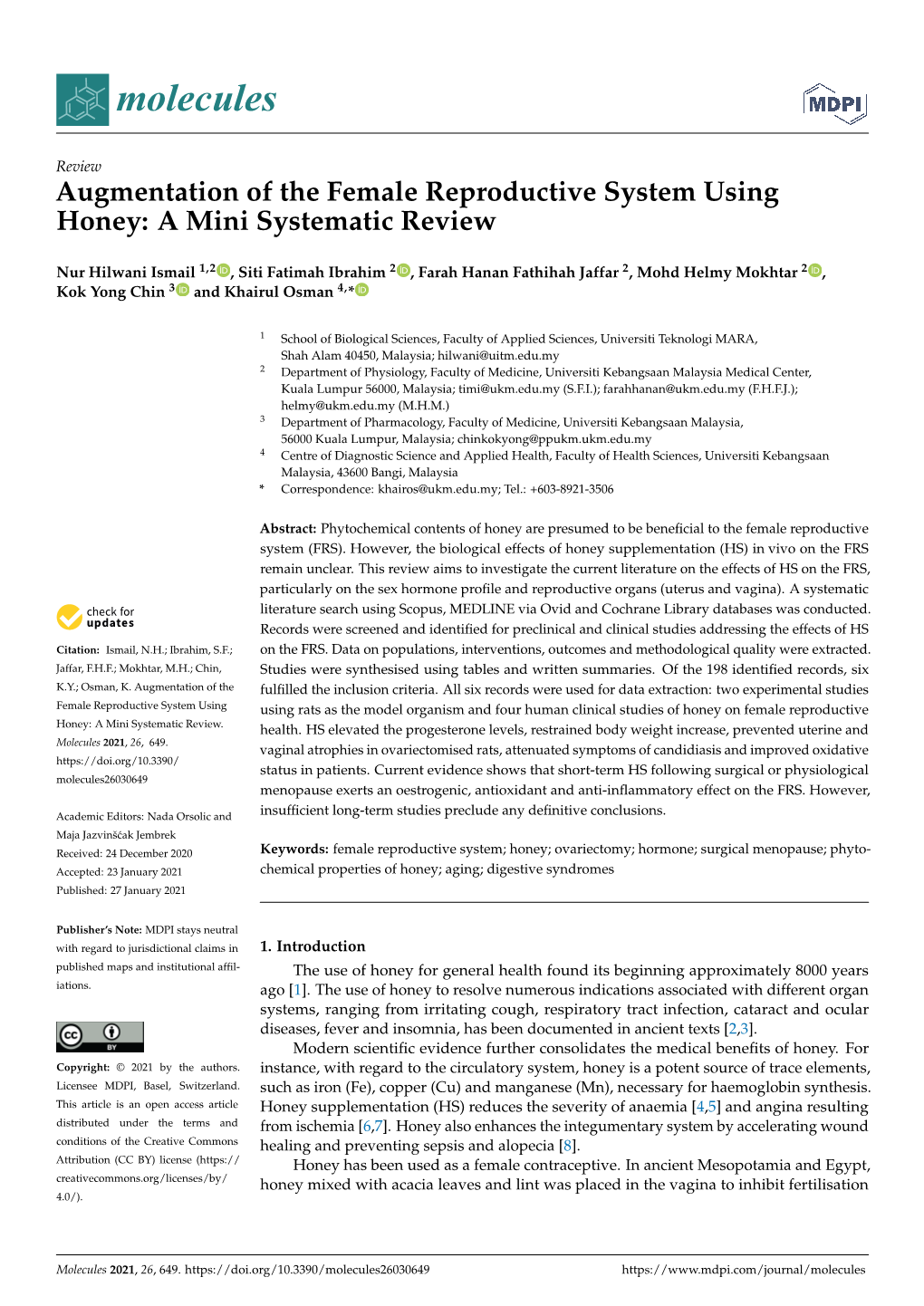 Augmentation of the Female Reproductive System Using Honey: a Mini Systematic Review