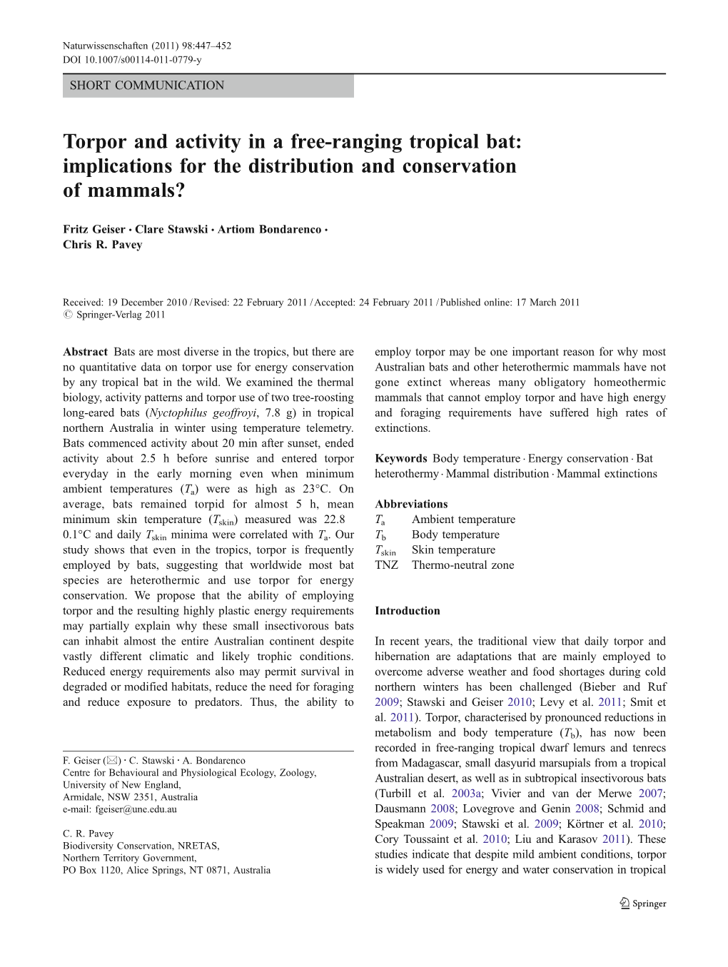 Torpor and Activity in a Free-Ranging Tropical Bat: Implications for the Distribution and Conservation of Mammals?