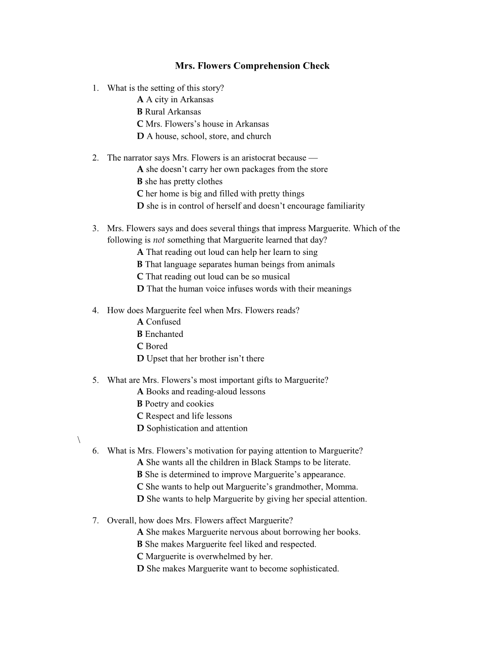 Mrs. Flowers Comprehension Check