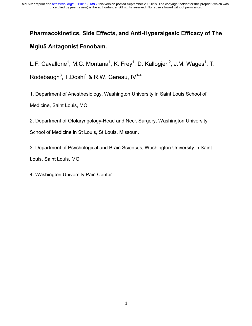 Pharmacokinetics, Side Effects, and Anti-Hyperalgesic Efficacy of the Mglu5 Antagonist Fenobam