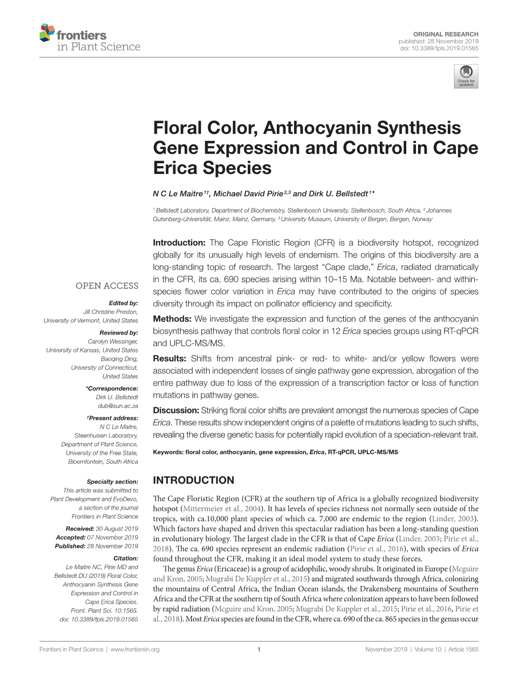 Floral Color, Anthocyanin Synthesis Gene Expression and Control in Cape Erica Species