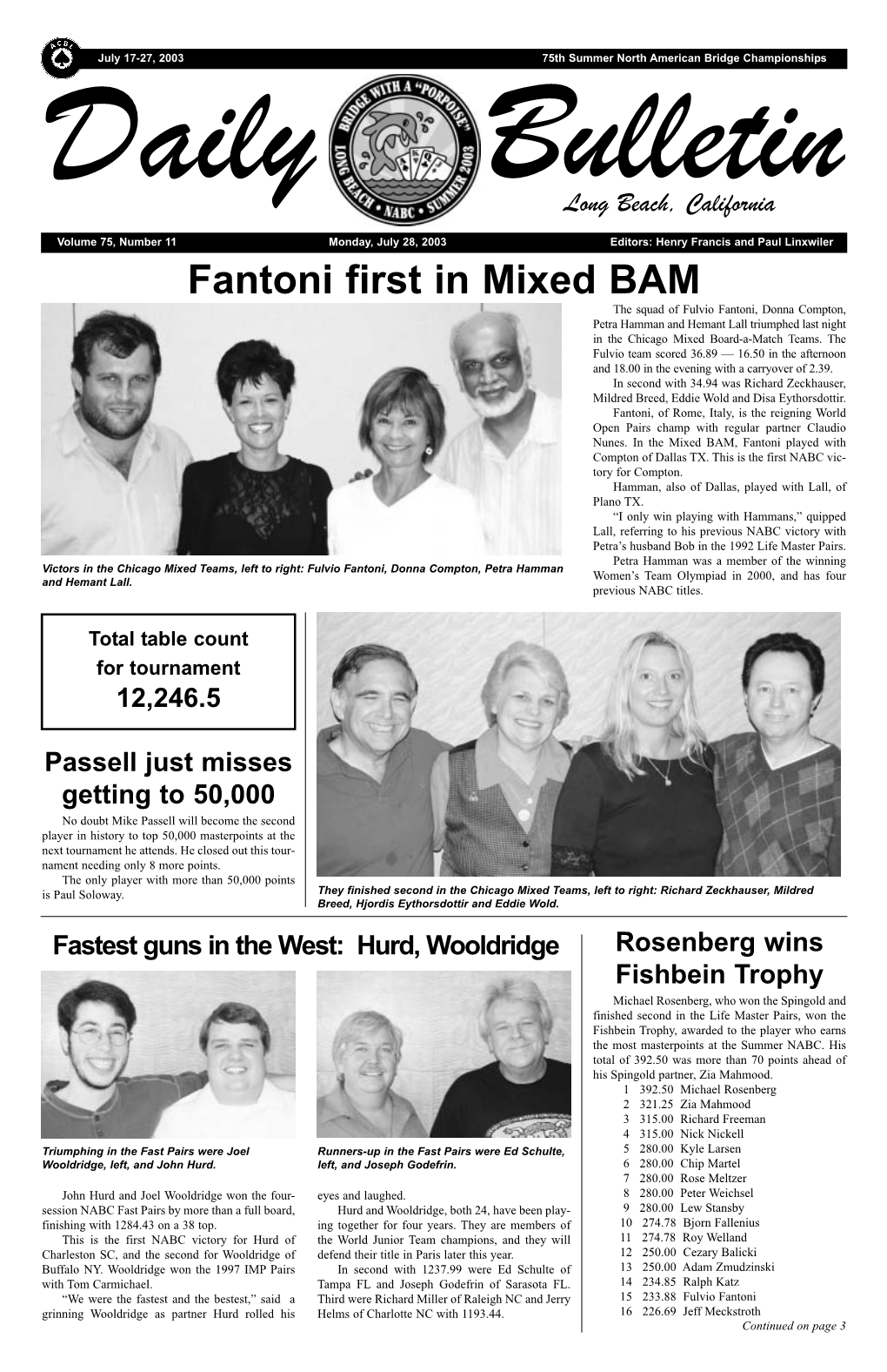 Fantoni First in Mixed BAM the Squad of Fulvio Fantoni, Donna Compton, Petra Hamman and Hemant Lall Triumphed Last Night in the Chicago Mixed Board-A-Match Teams