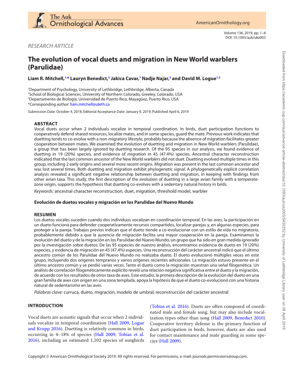 The Evolution of Vocal Duets and Migration in New World Warblers (Parulidae) Liam R