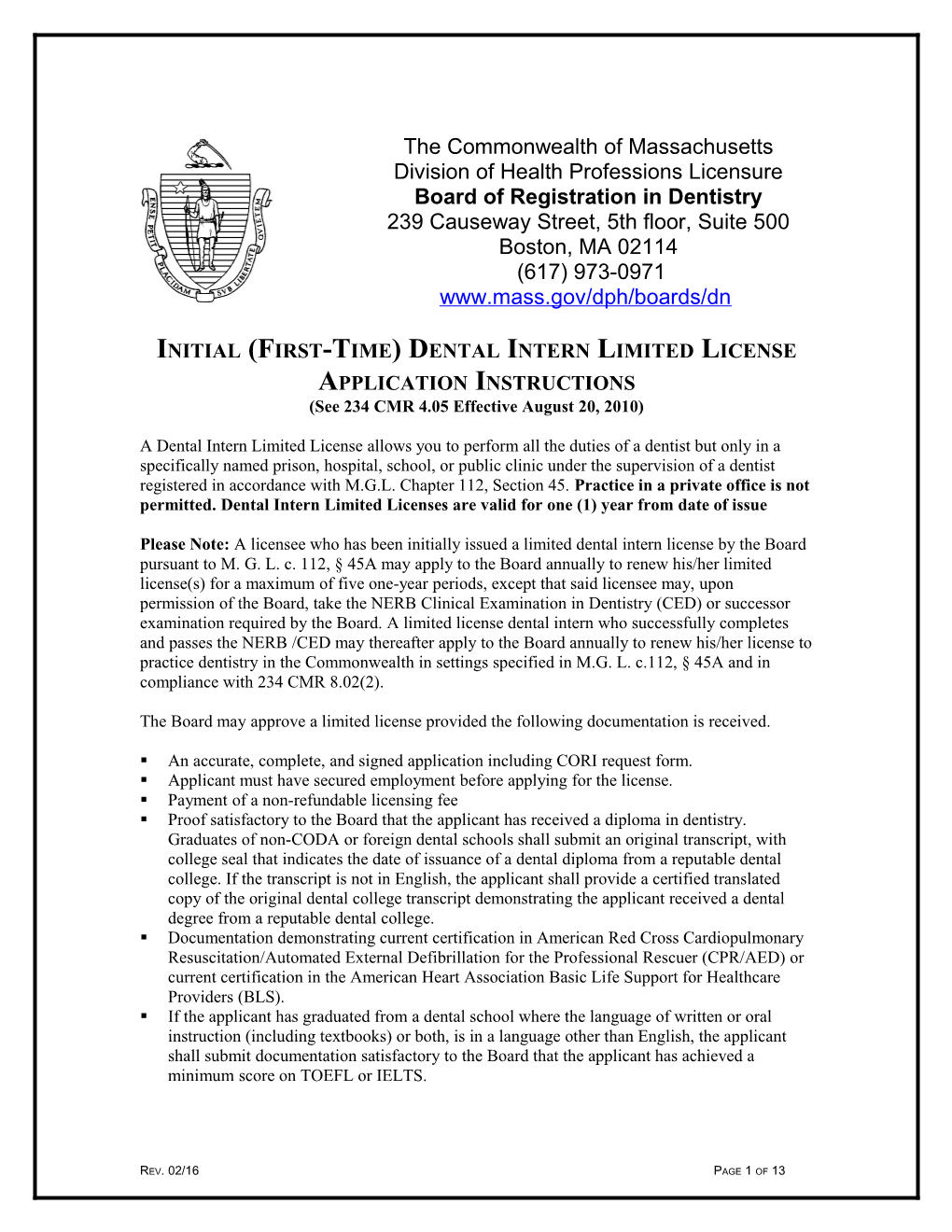 Initial (First-Time) Dental Intern Limited License Application Instructions