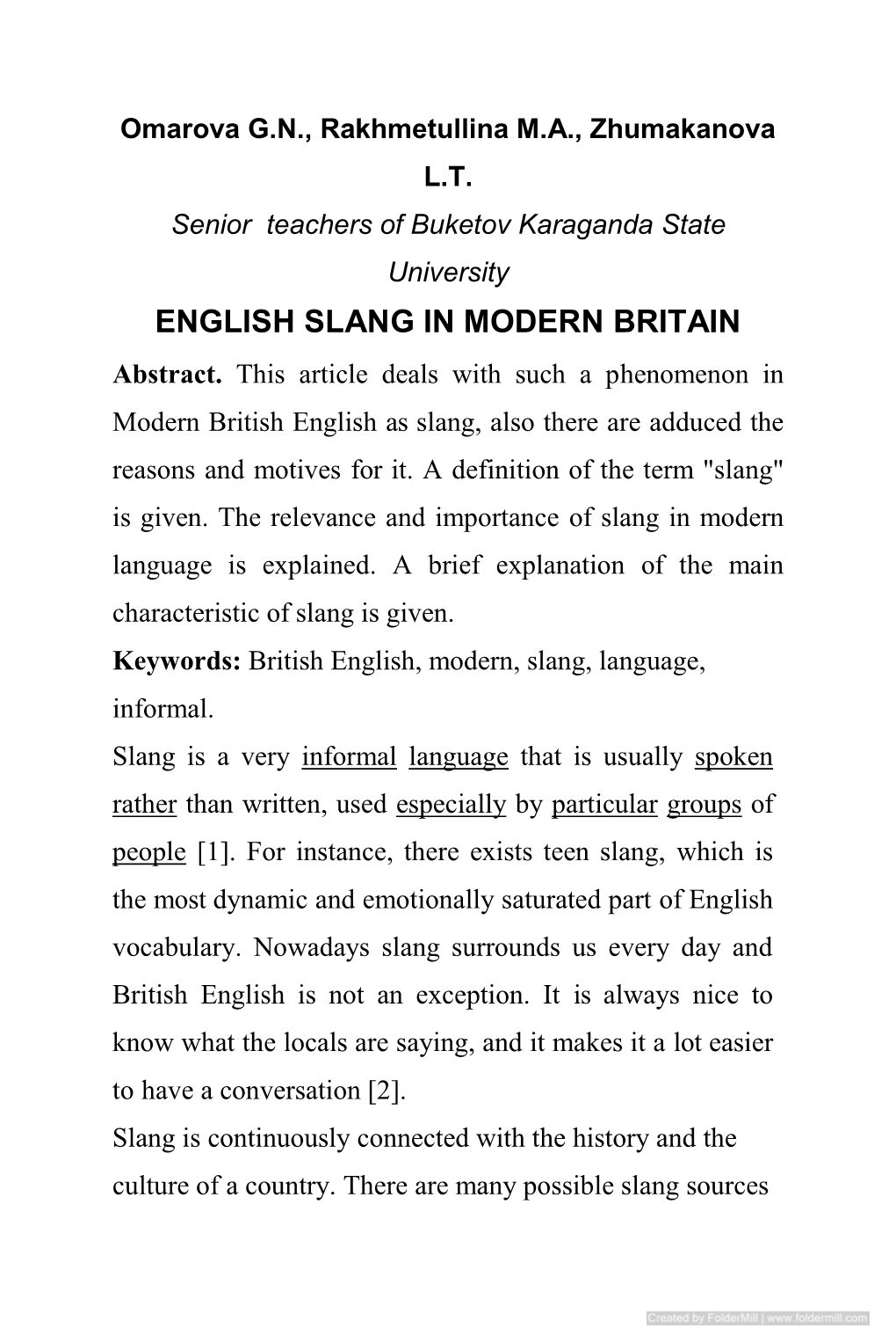 ENGLISH SLANG in MODERN BRITAIN Abstract