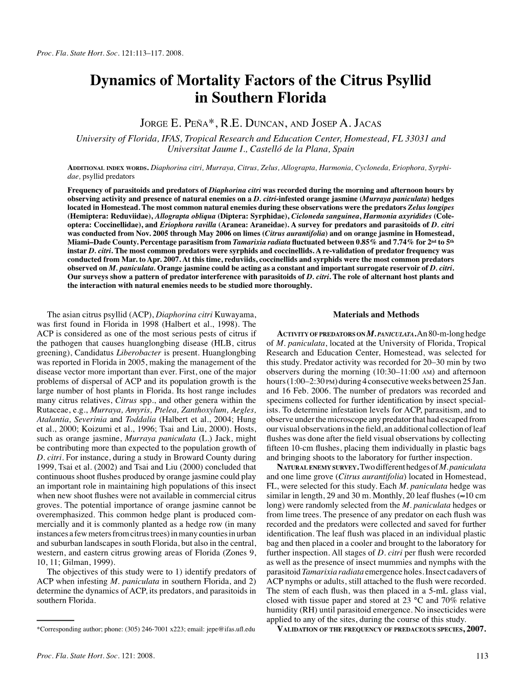 Dynamics of Mortality Factors of the Citrus Psyllid in Southern Florida