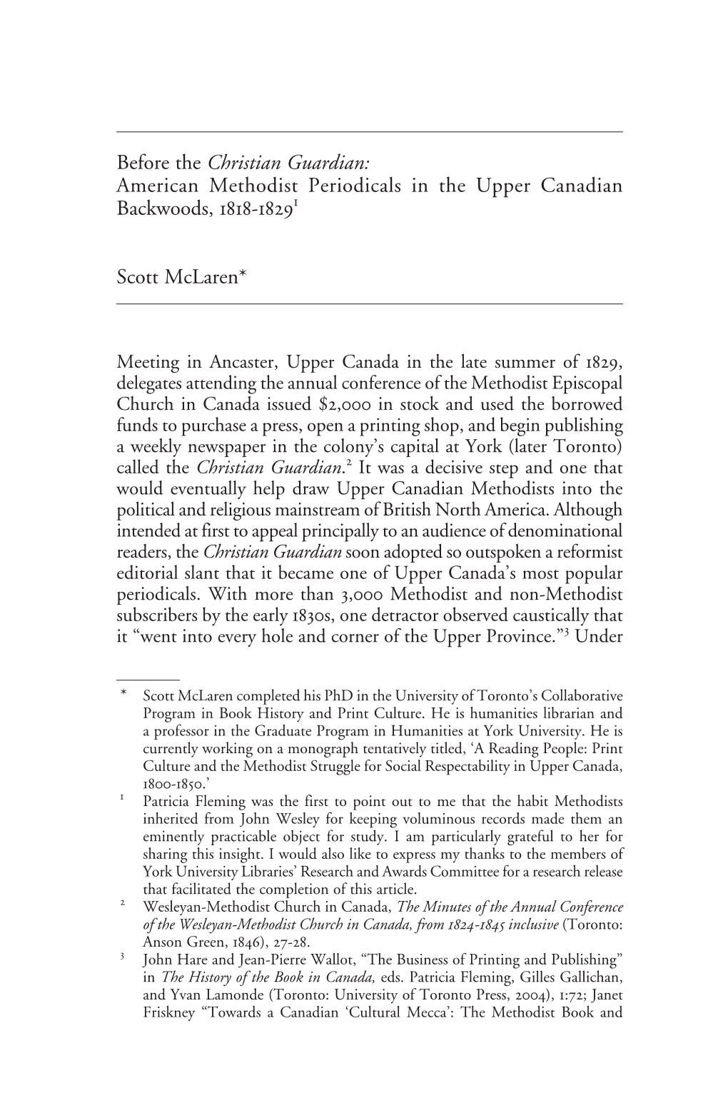 Before the Christian Guardian: American Methodist Periodicals in the Upper Canadian Backwoods, 1818-18291