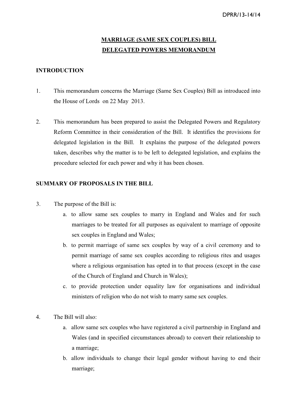 Marriage (Same Sex Couples) Bill Delegated Powers Memorandum