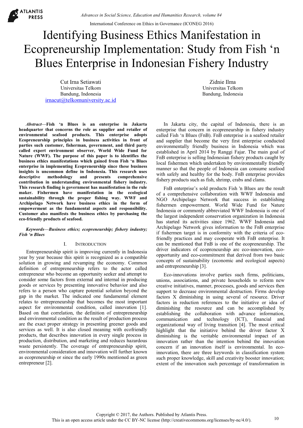 Identifying Business Ethics Manifestation in Ecopreneurship Implementation: Study from Fish „N Blues Enterprise in Indonesian Fishery Industry