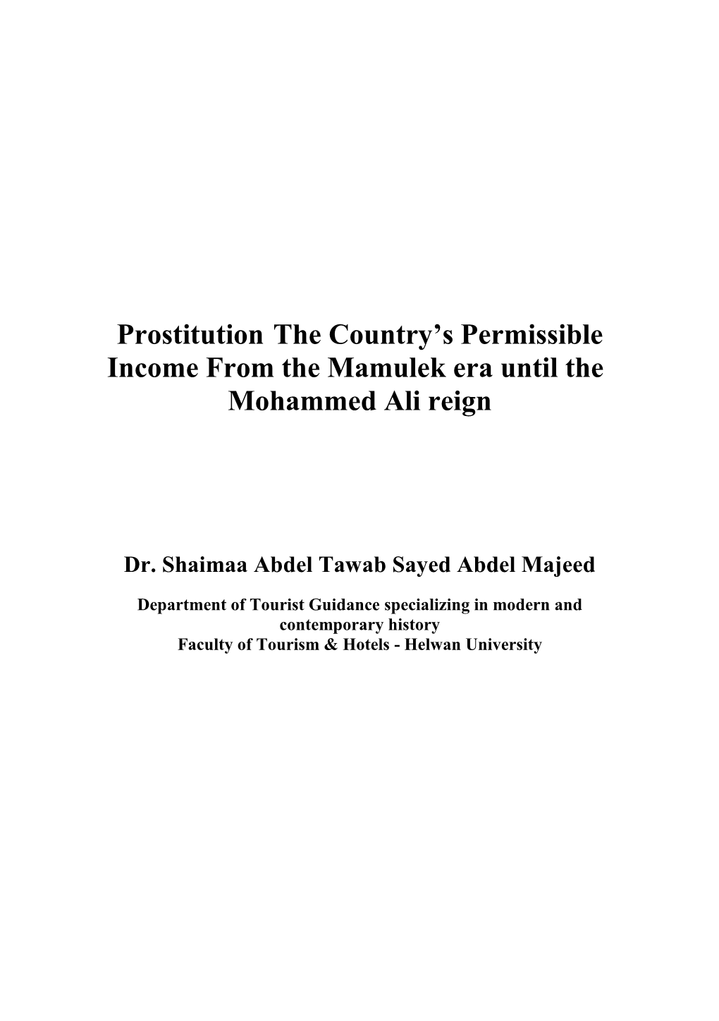 Prostitution the Country's Permissible Income from the Mamulek Era Until