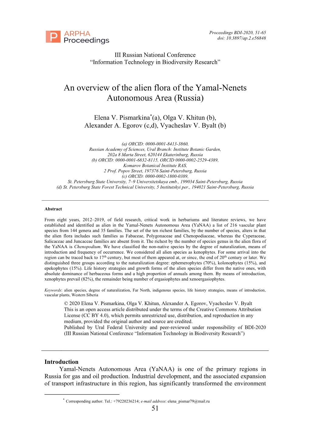 An Overview of the Alien Flora of the Yamal-Nenets Autonomous Area (Russia)