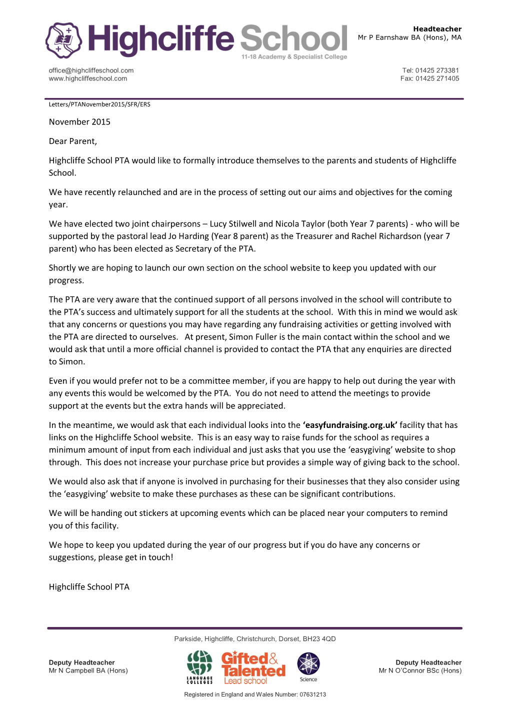November 2015 Dear Parent, Highcliffe School PTA Would Like To