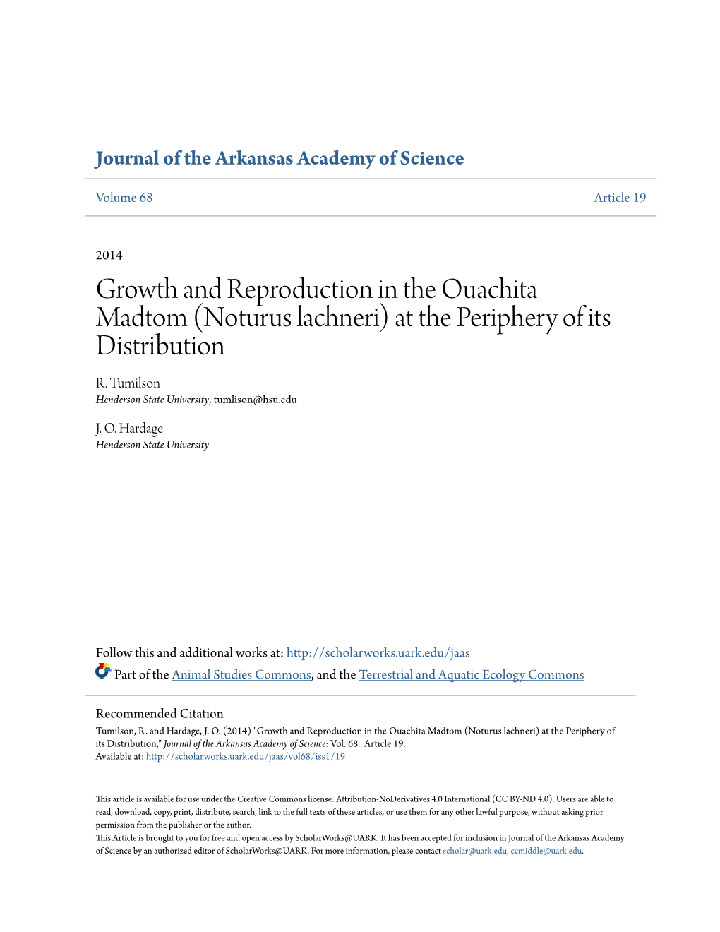 Growth and Reproduction in the Ouachita Madtom (Noturus Lachneri) at the Periphery of Its Distribution R
