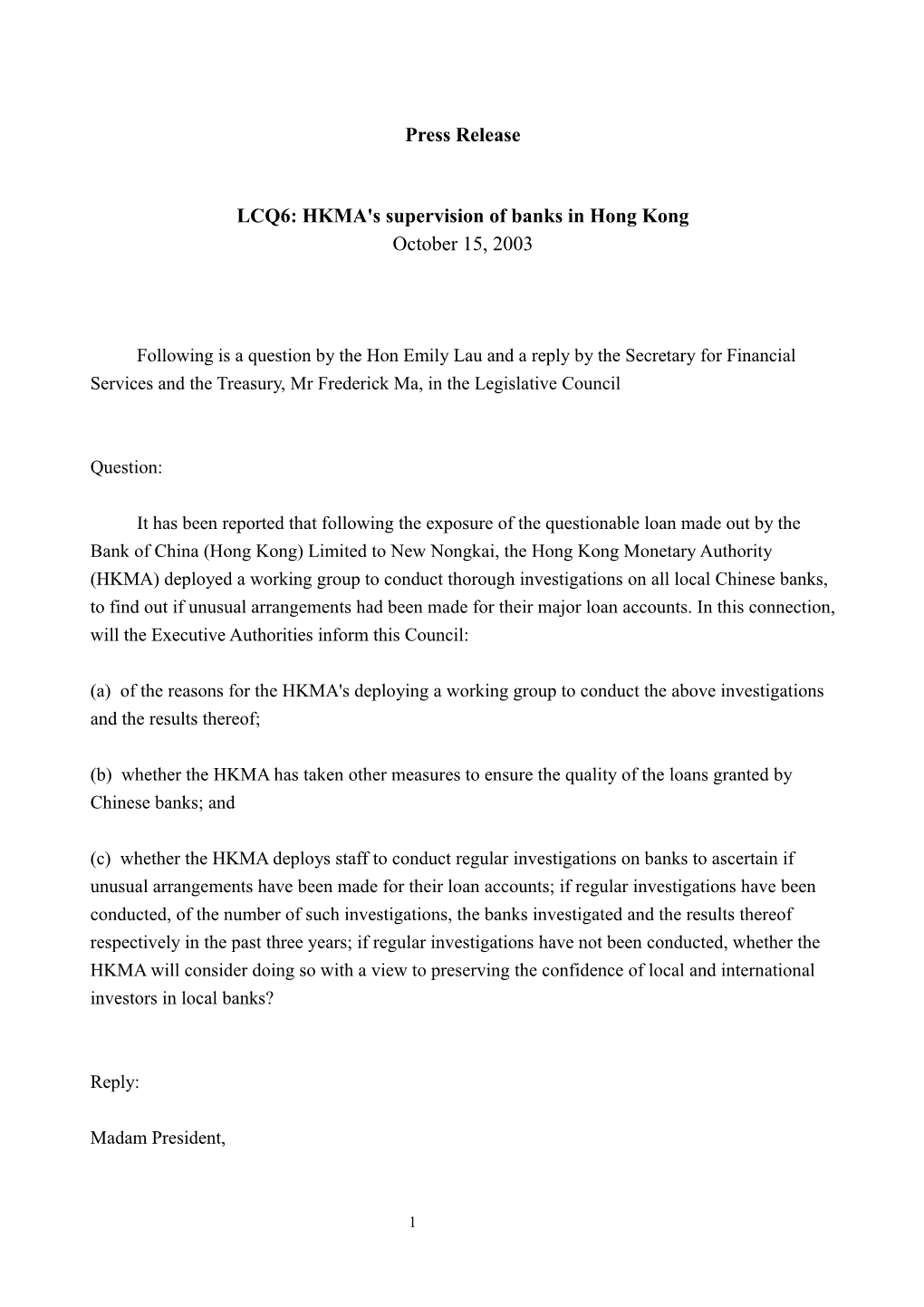 LCQ6: HKMA's Supervision of Banks in Hong Kong (15