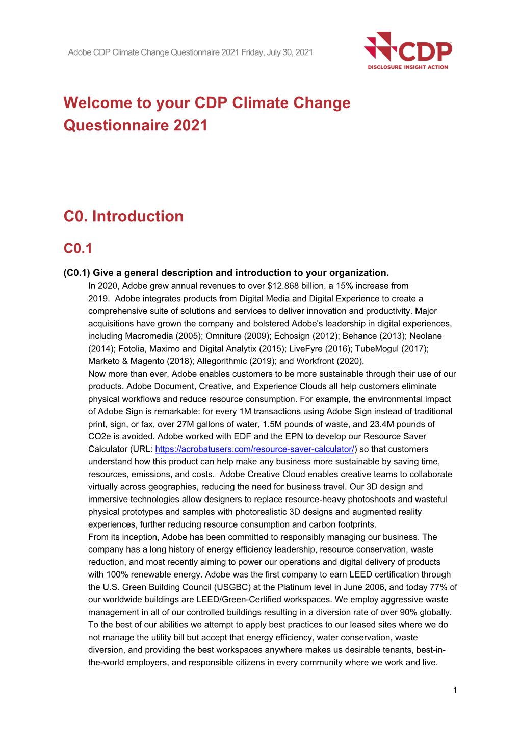 Your CDP Climate Change Questionnaire 2021 C0