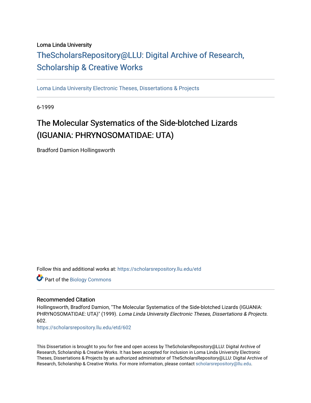 The Molecular Systematics of the Side-Blotched Lizards (IGUANIA: PHRYNOSOMATIDAE: UTA)