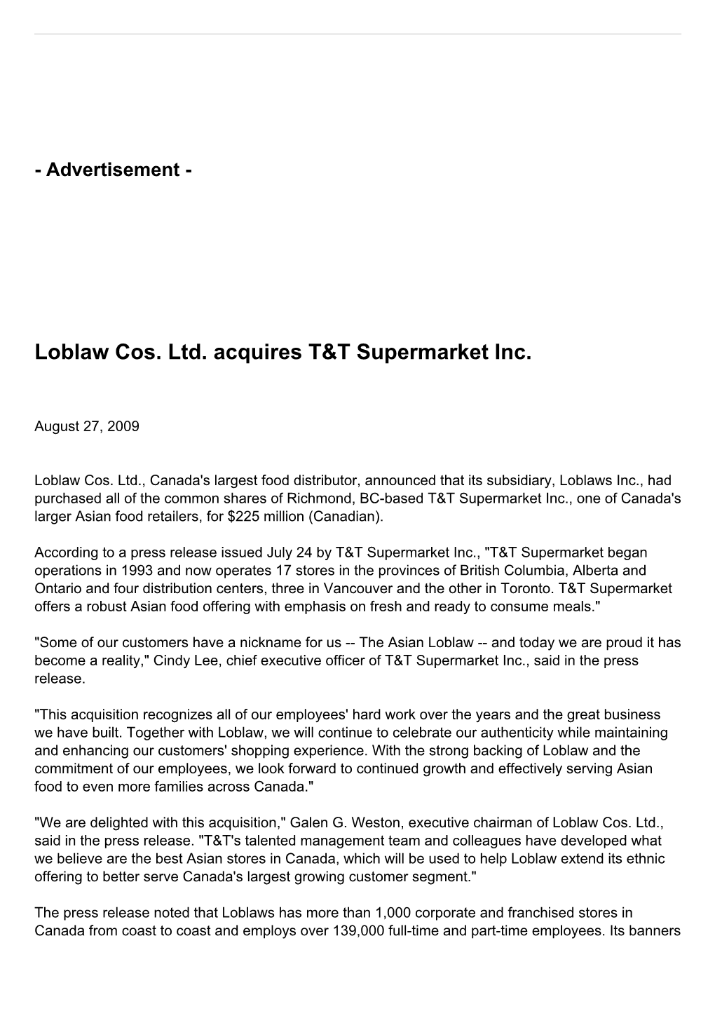 Loblaw Cos. Ltd. Acquires T&T Supermarket Inc