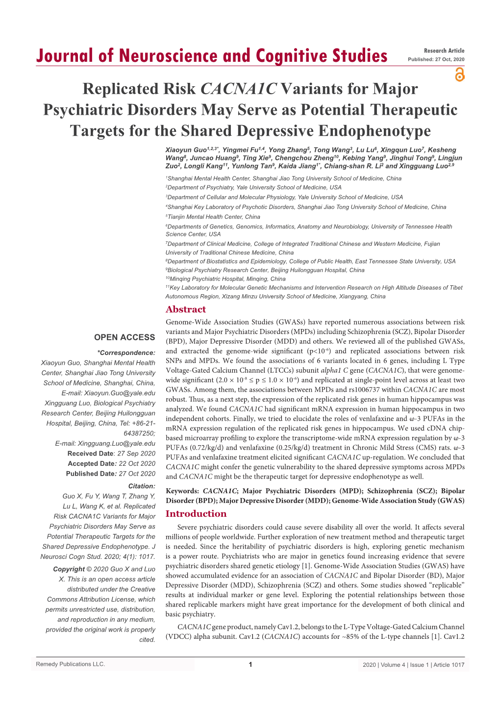 Replicated Risk CACNA1C Variants for Major Psychiatric Disorders May Serve As Potential Therapeutic Targets for the Shared Depressive Endophenotype