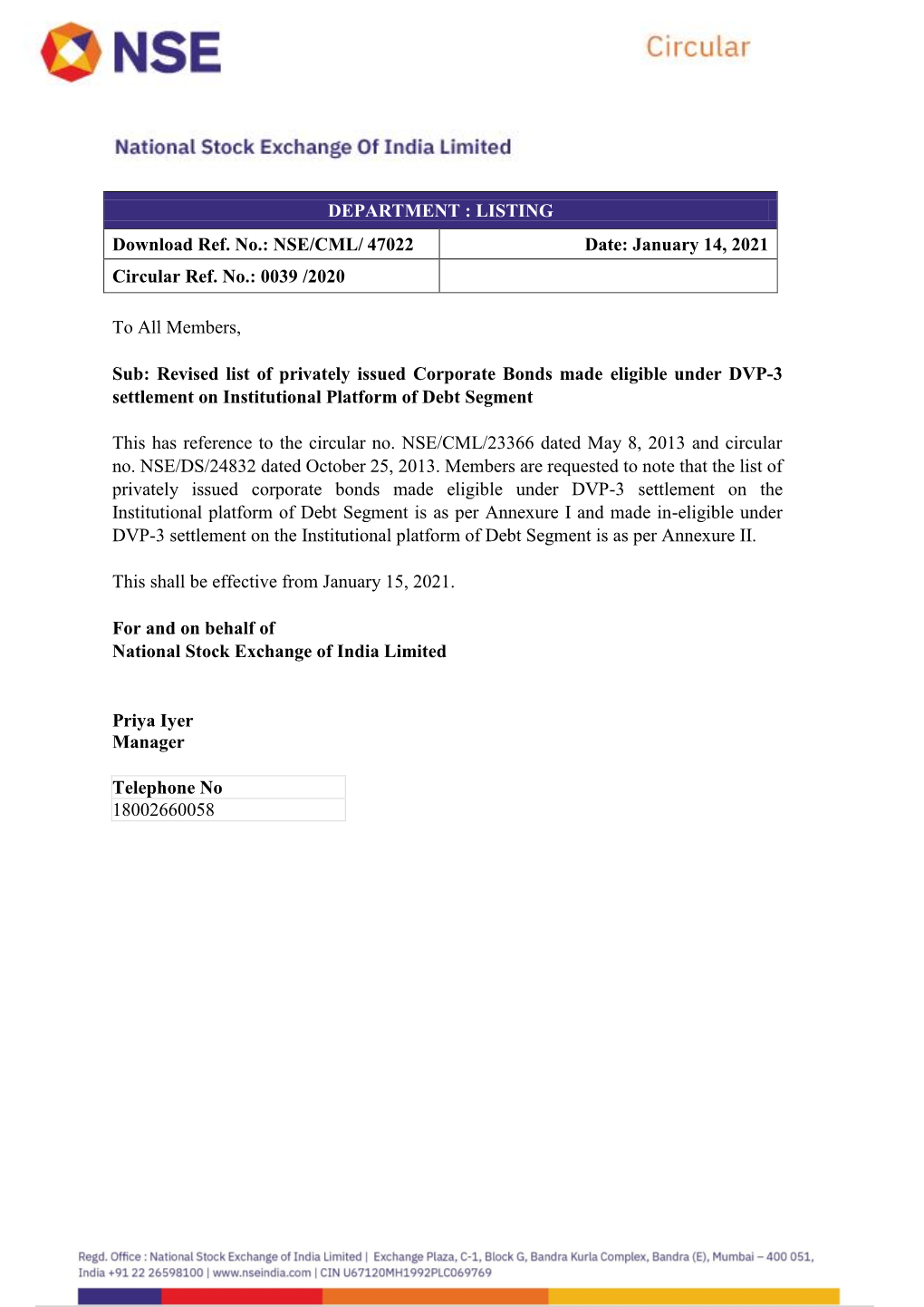 DEPARTMENT : LISTING Download Ref. No.: NSE/CML/ 47022 Date: January 14, 2021 Circular Ref