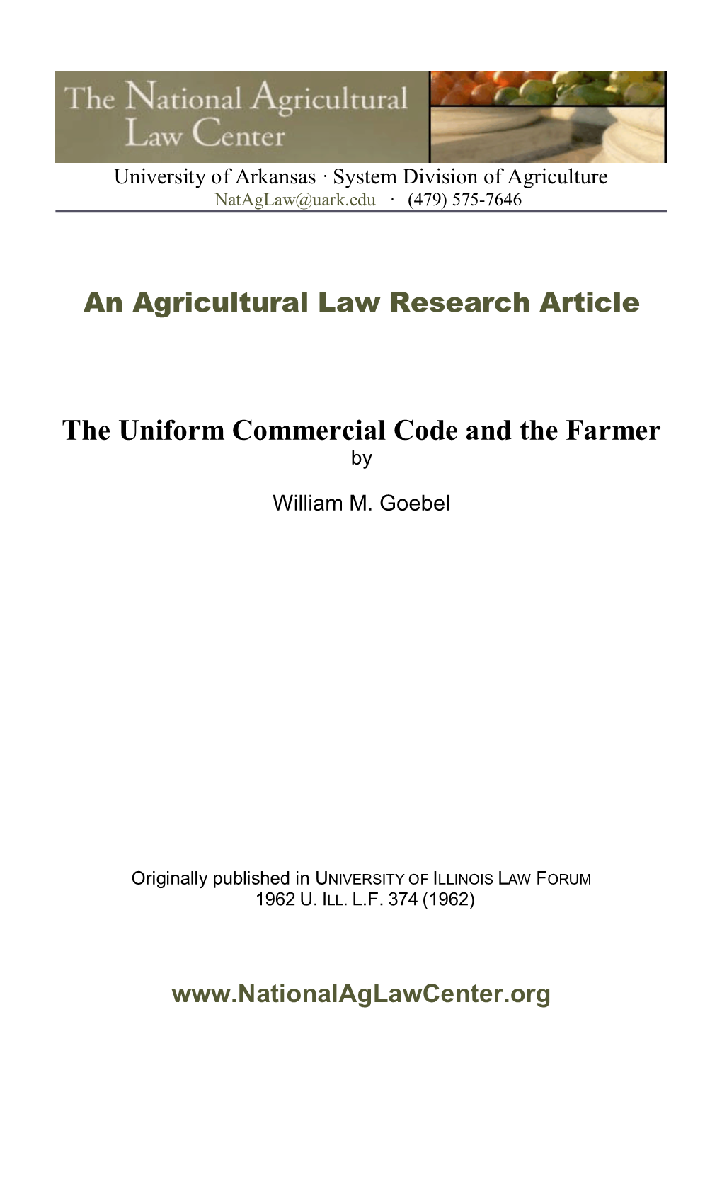 The Uniform Commercial Code and the Farmer By