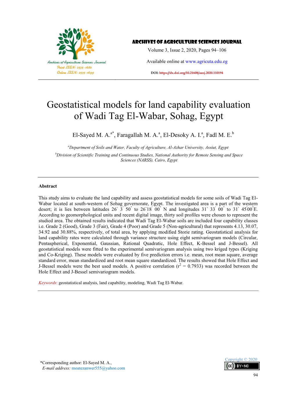 Geostatistical Models for Land Capability Evaluation of Wadi Tag El-Wabar, Sohag, Egypt