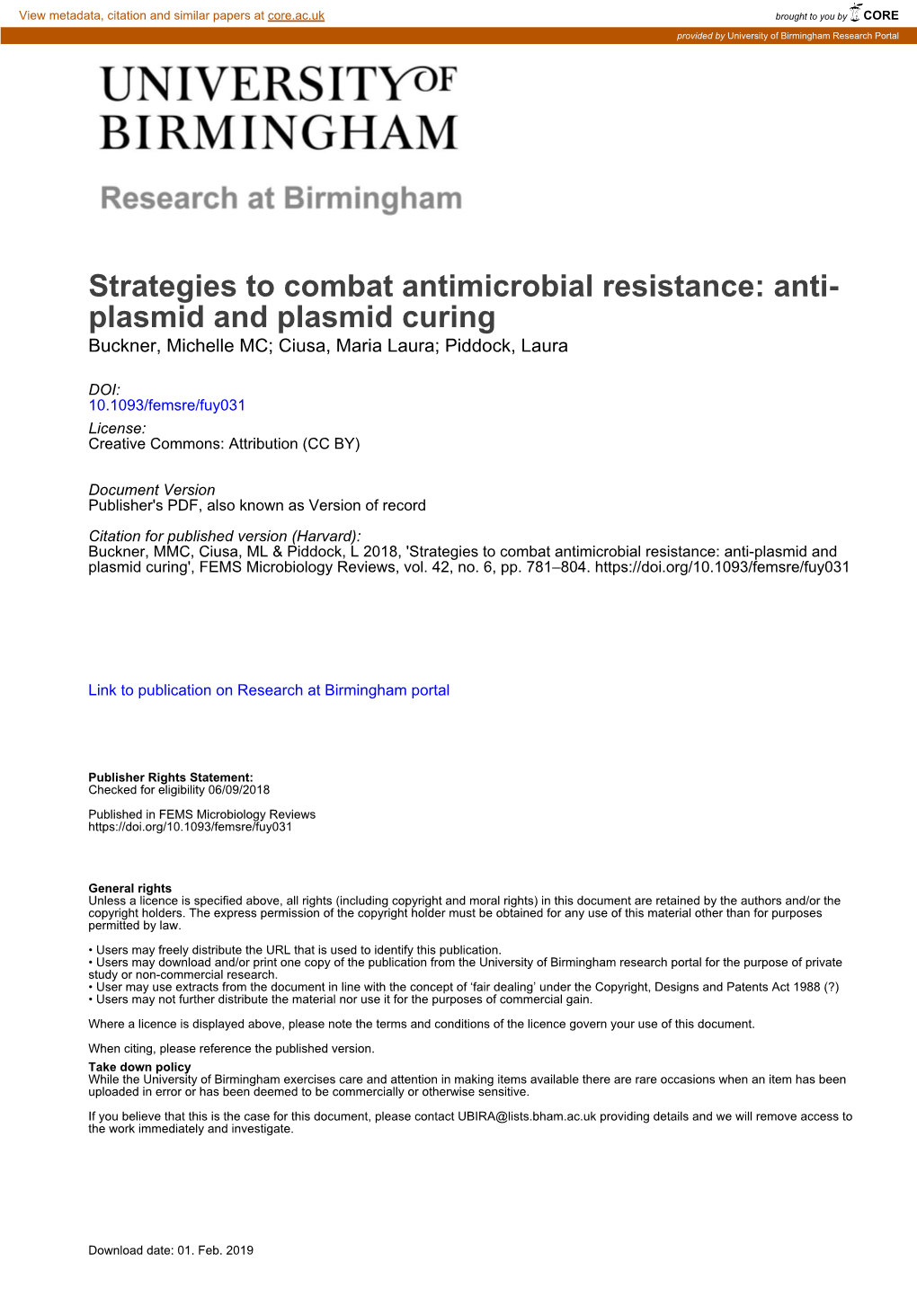 Anti-Plasmid and Plasmid Curing', FEMS Microbiology Reviews, Vol