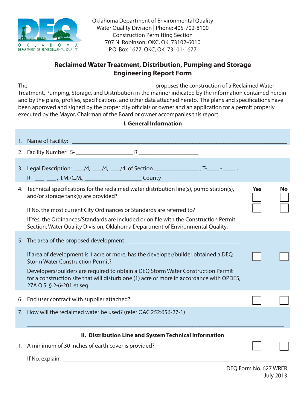 Reclaimed Water Engineering Report Form