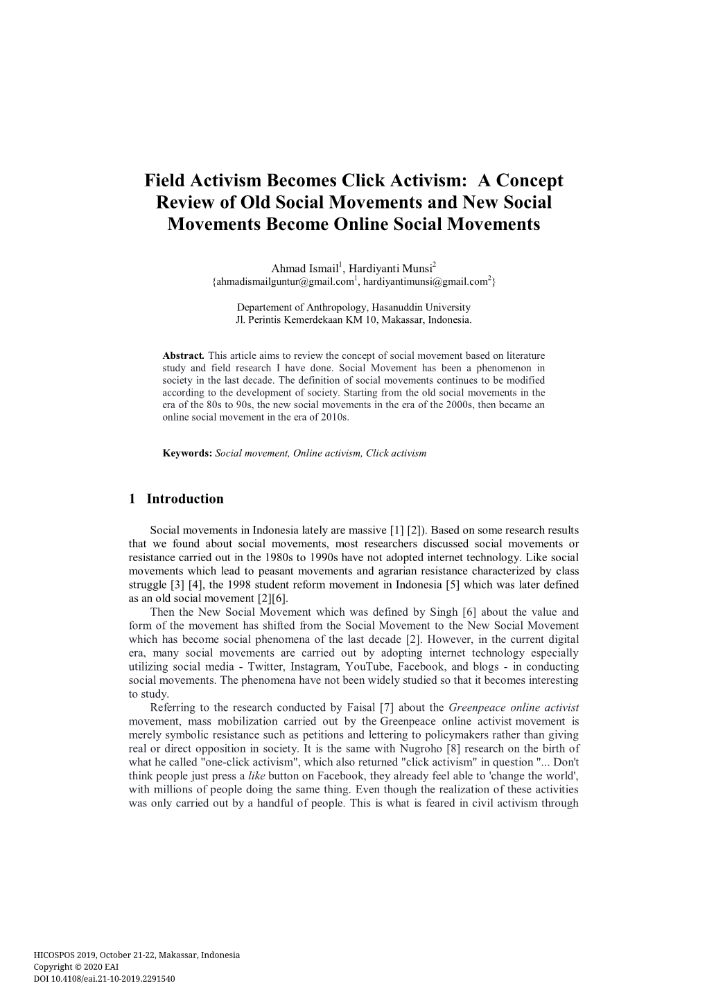 Field Activism Becomes Click Activism: a Concept Review of Old Social Movements and New Social Movements Become Online Social Movements