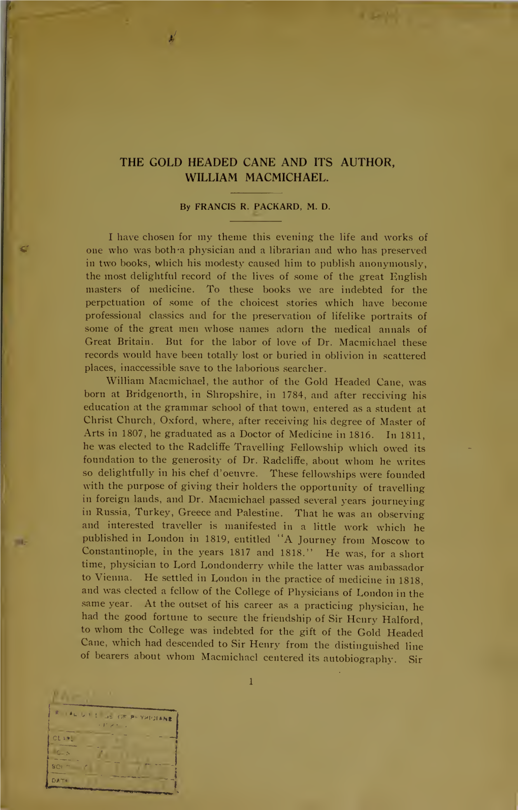 The Gold Headed Cane and Its Author, William Macmichael