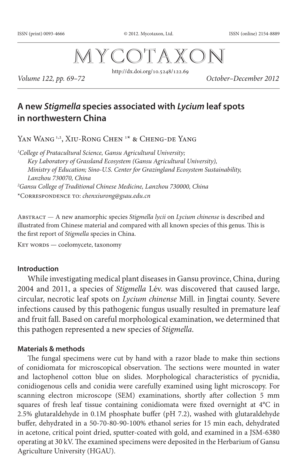 &lt;I&gt;Lycium&lt;/I&gt; Leaf Spots in Northwestern China