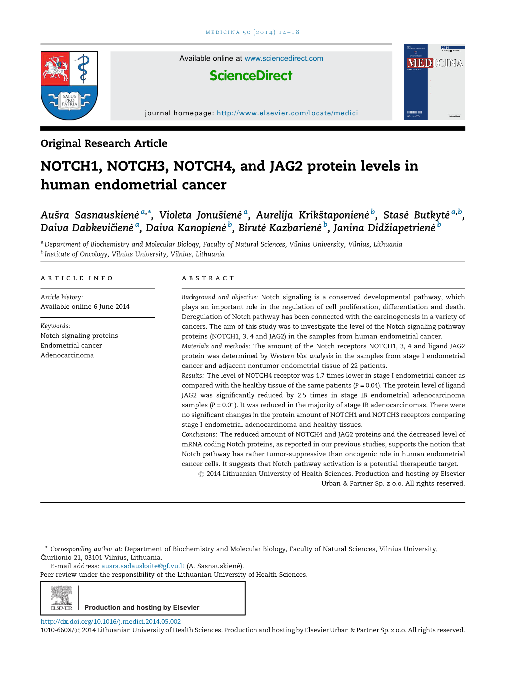 NOTCH1, NOTCH3, NOTCH4, and JAG2 Protein Levels in Human Endometrial Cancer