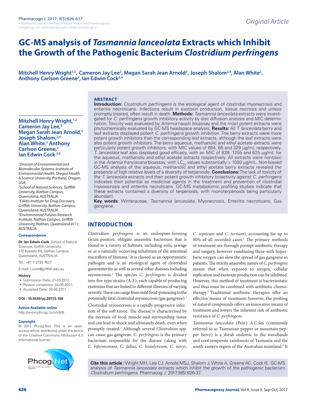 GC-MS Analysis of Tasmannia Lanceolata Extracts Which Inhibit the Growth of the Pathogenic Bacterium Clostridium Perfringens